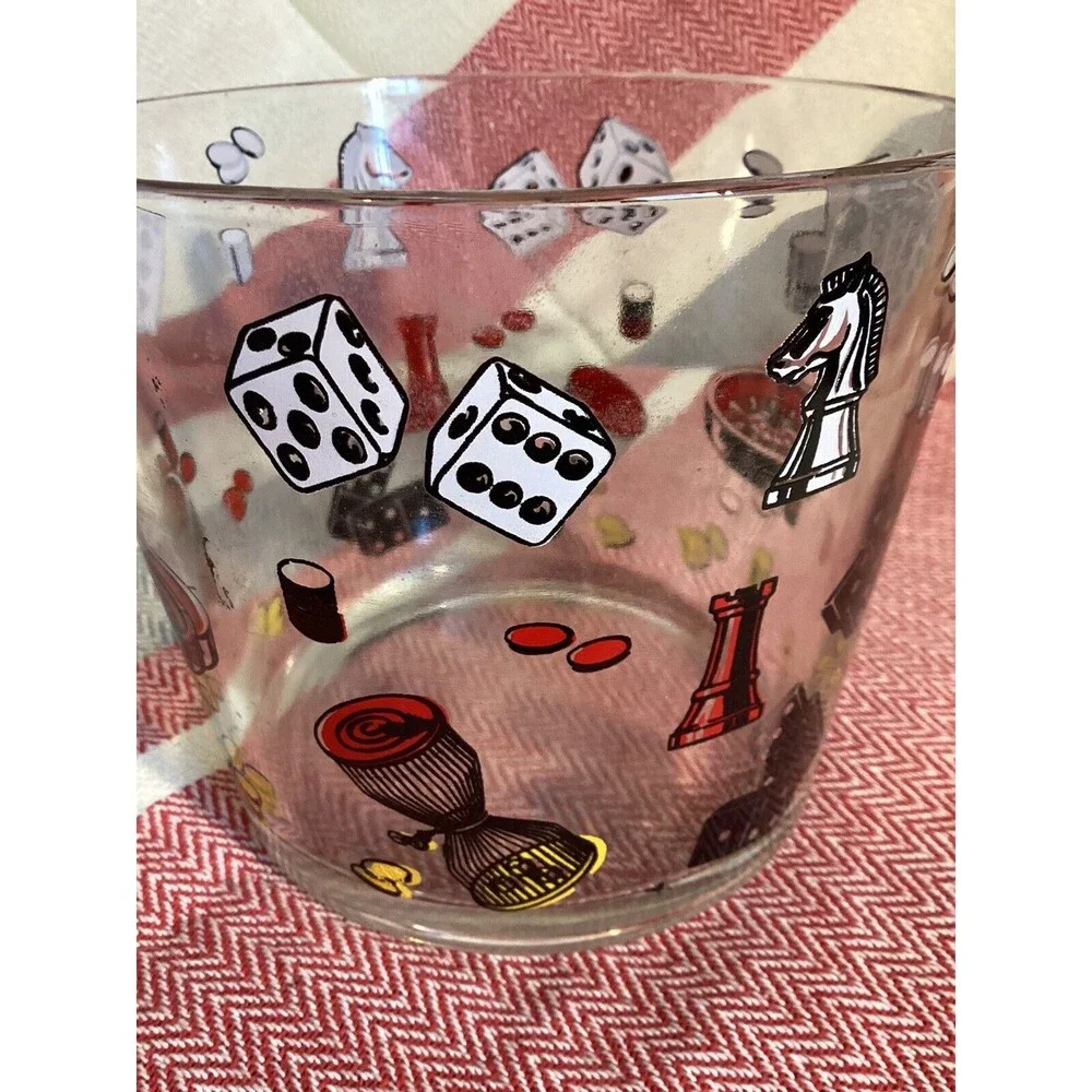 Hazel Atlas Vintage 1960’s Glass Ice Bucket Casino Cards Dice Poker Barware MCM